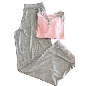 NACHILA Women Bamboo Pajama Set Pink Grey Henley Long Sleeve Wide Leg Pants S